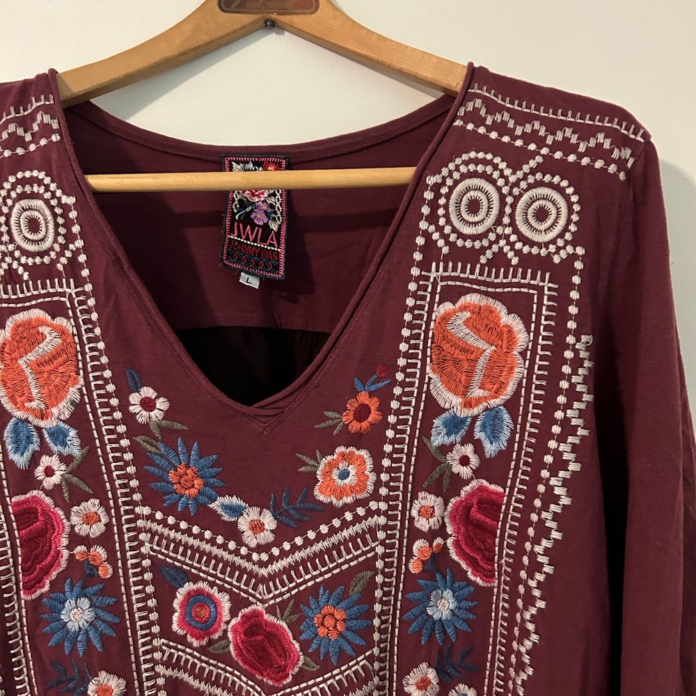 Johnny Was embroidered boho tunic with sheer back 3/4 sleeves - Picture 2 of 7